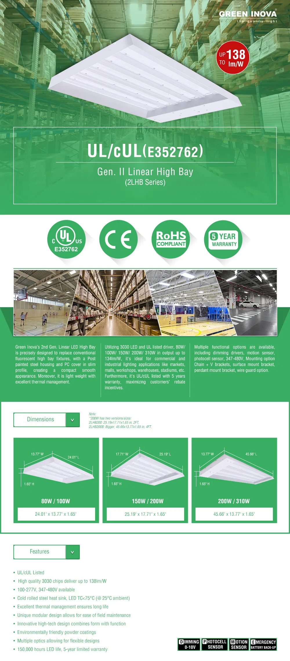 Dlc UL Ce SAA (80W 100W 150W 200W 310W) Indoor LED Lamp Light Linear High Bay Fixture Lighting